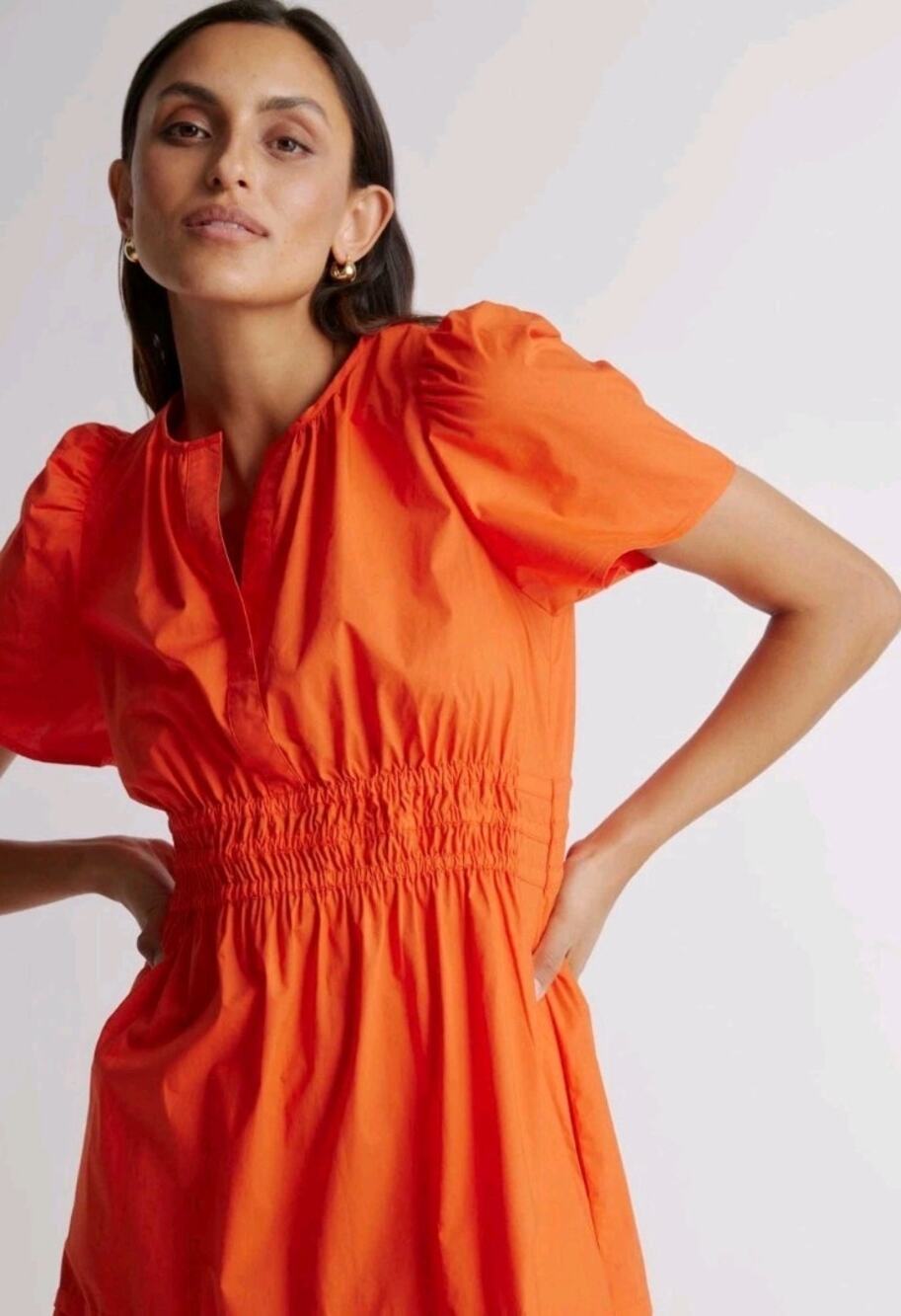 Quince Tiered Poplin Short Sleeve Mini Dress Poppy Red Orange Sz L Boho Pockets